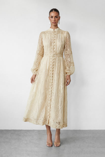 Beige Lace Stand Collar Puff Sleeve Maxi Dress - view 5