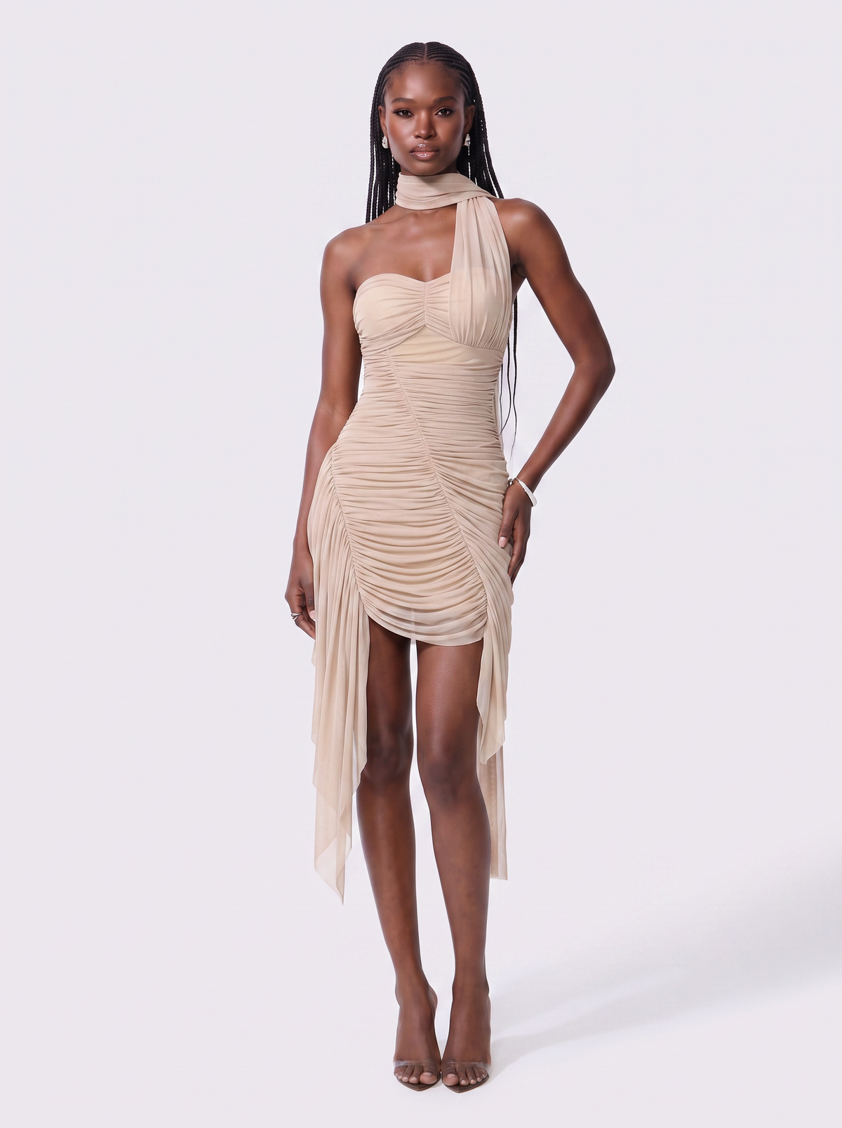 Khaki Mesh Patchwork Backless Mini Dress - view 2