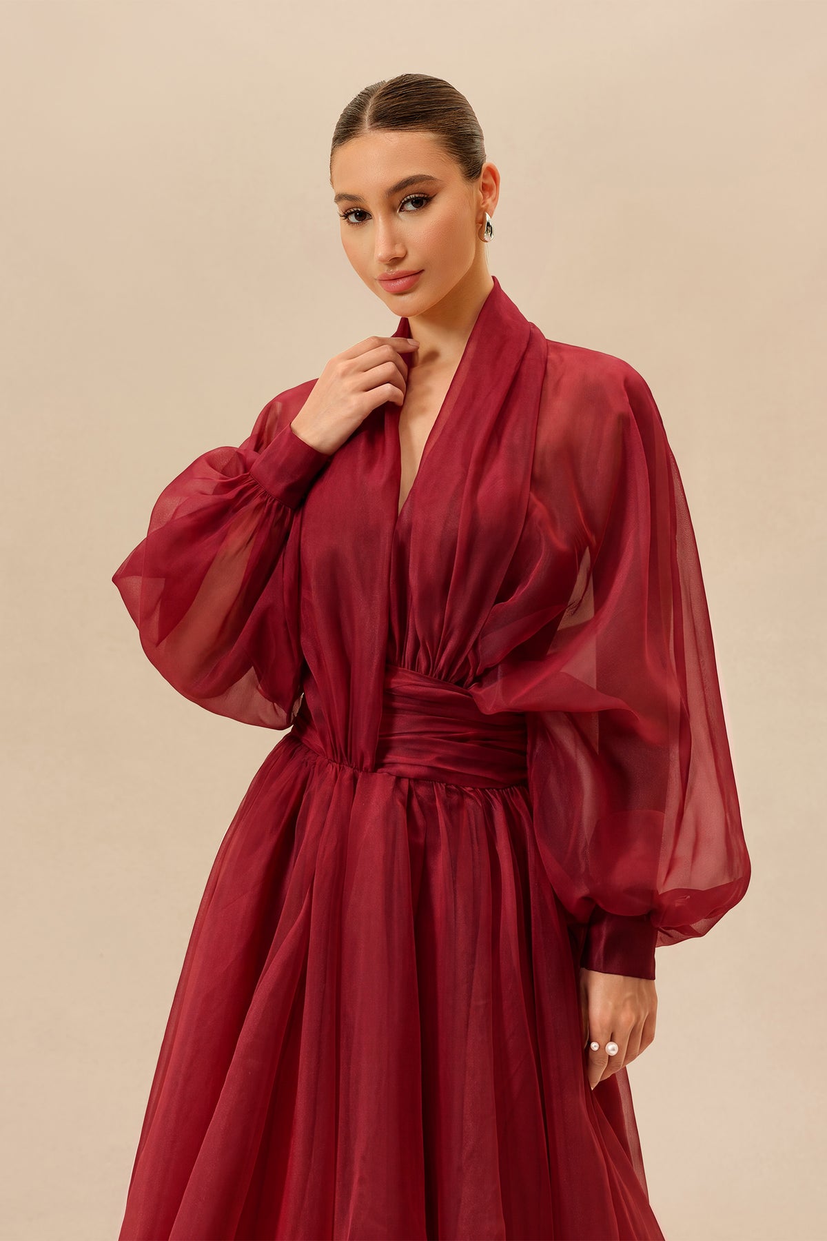 Organza Puff Sleeve Maxi Dress in Red - view 3