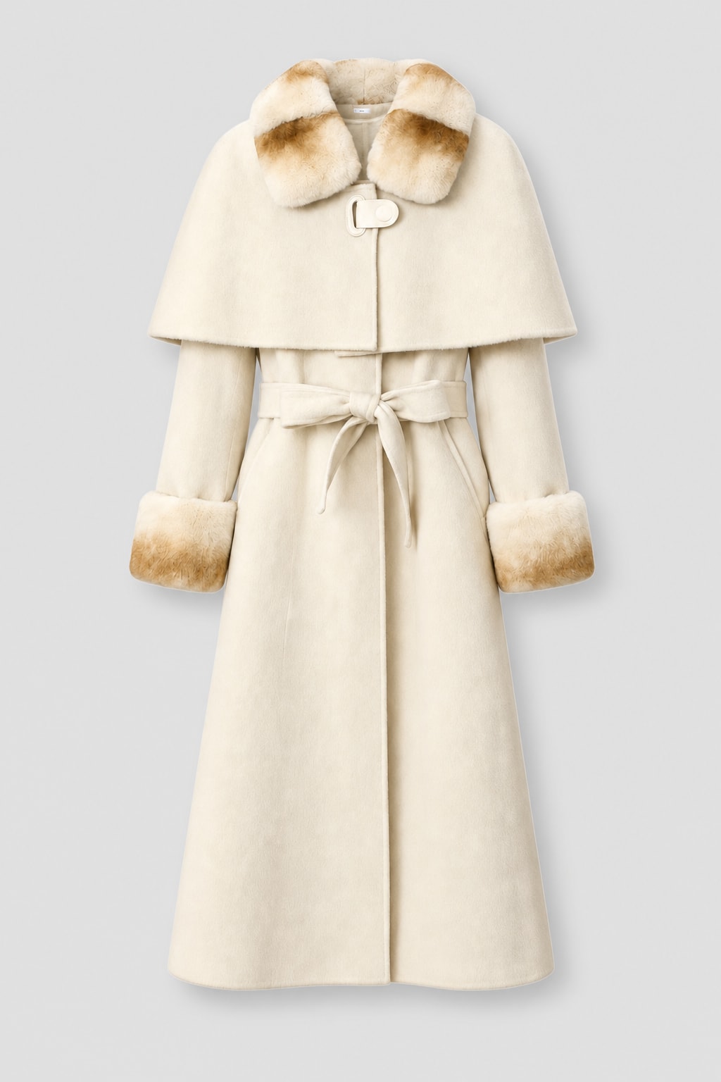 Double-Faced Wool Cape With Rabbit Fur Collar - 1