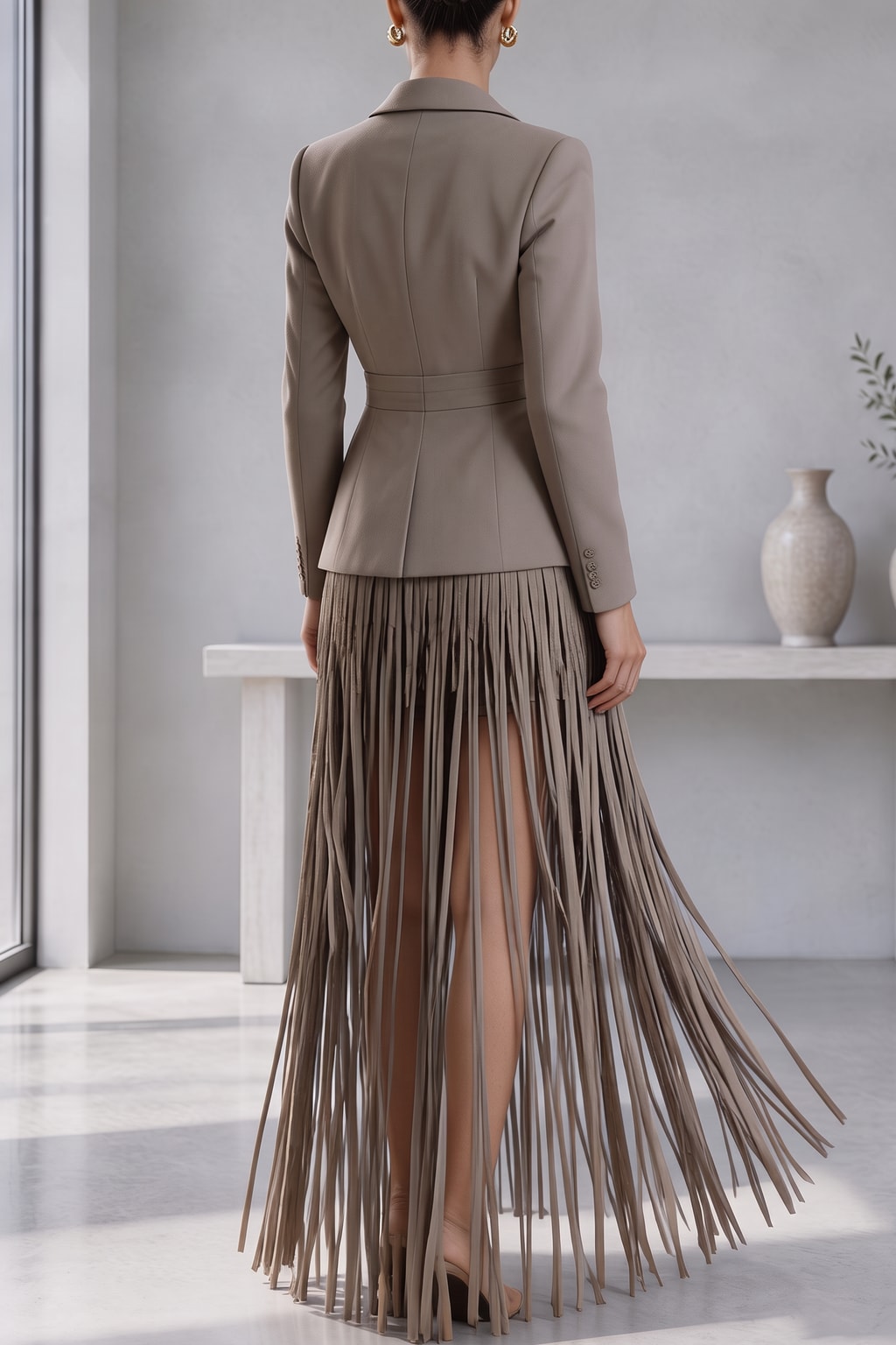 Khaki Polyester Blazer And Tassel Skirt Two-Piece Set - 5