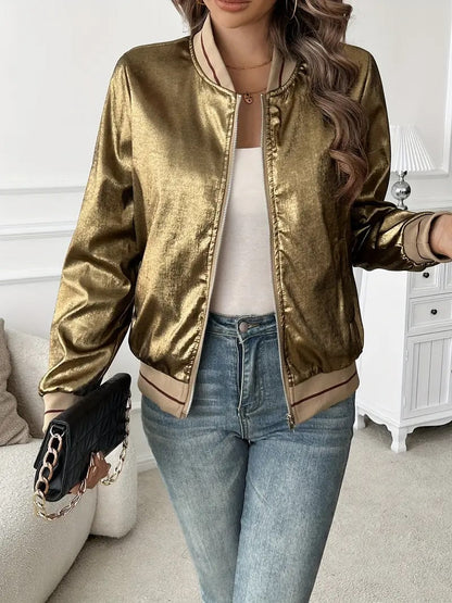 Metallic Bomber Jacket With Ribbed Collar - view 4