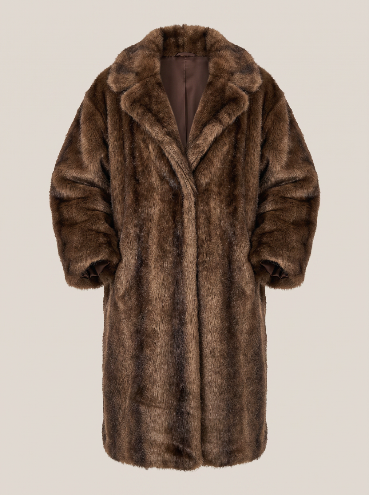 Brown Faux Fur Long Coat with Shawl Collar