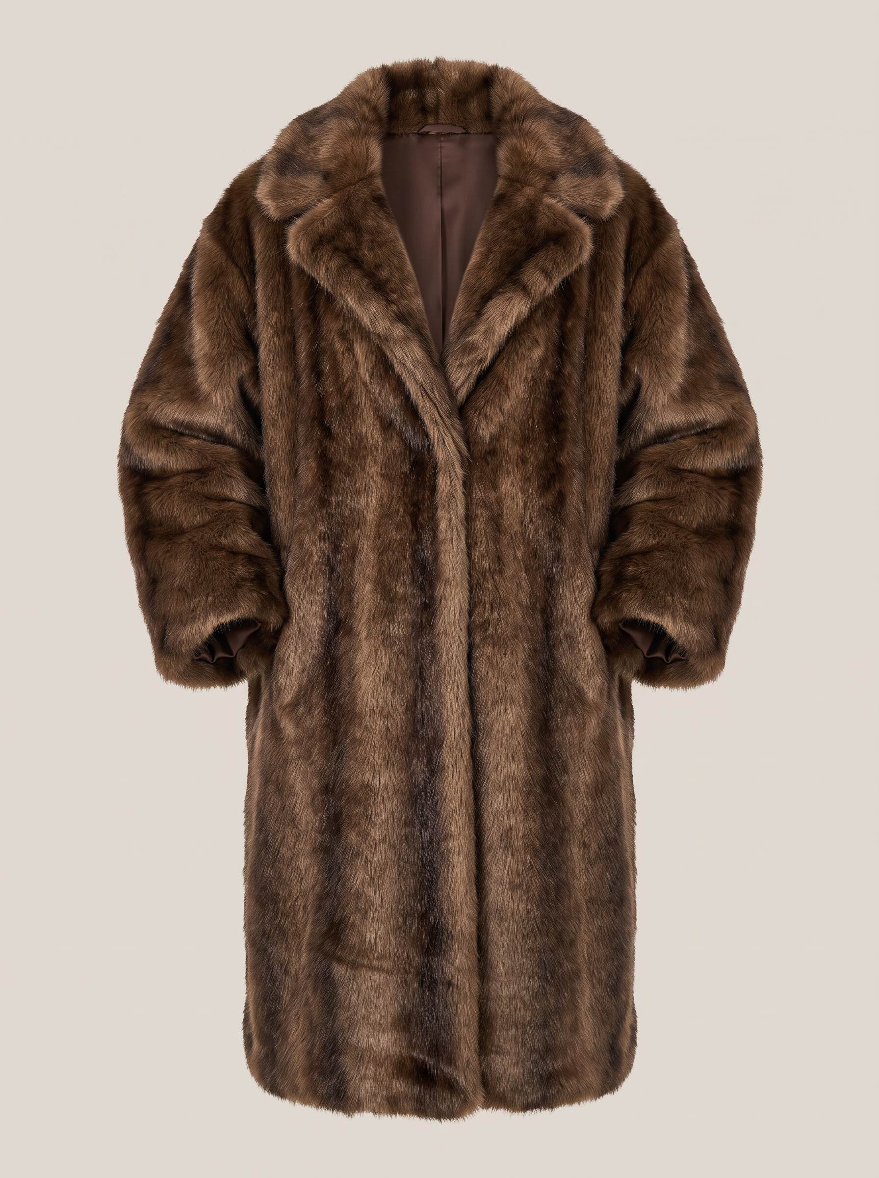 Brown Faux Fur Long Coat with Shawl Collar