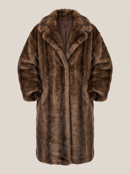 Brown Faux Fur Long Coat with Shawl Collar