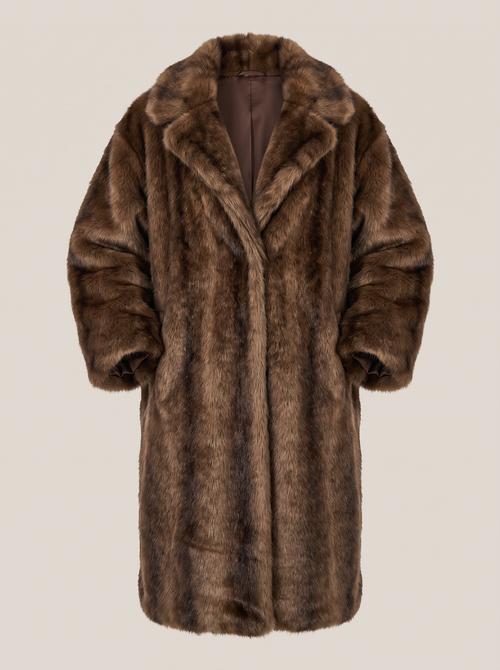 Brown Faux Fur Long Coat with Shawl Collar