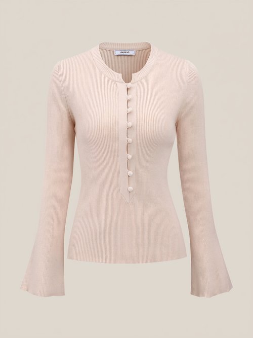 Apricot ribbed knit button-up top