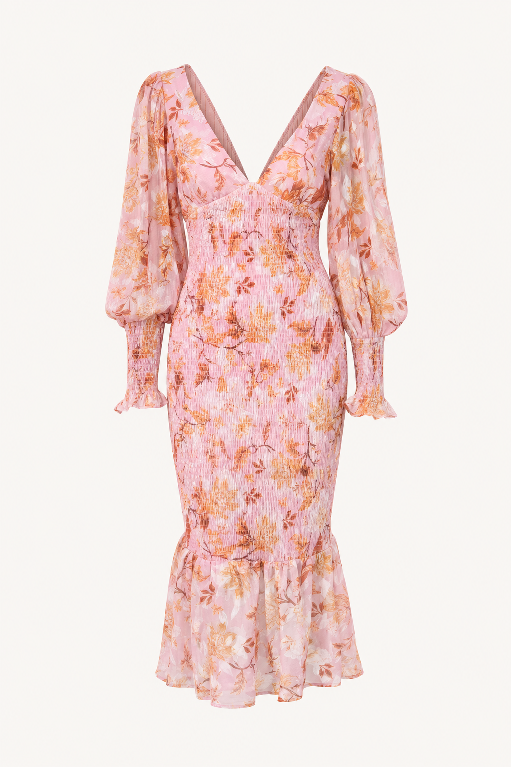 Floral Smocked Waist Midi Dress, Long Sleeve