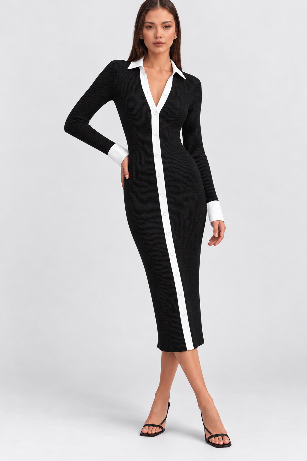 Elegant Khaki Knit Patchwork V-Neck Midi Dress - 7