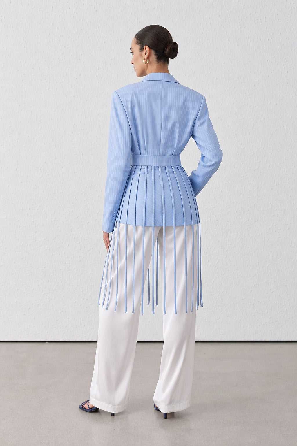 Baby Blue Twill Blazer With Fringe Trim - 3