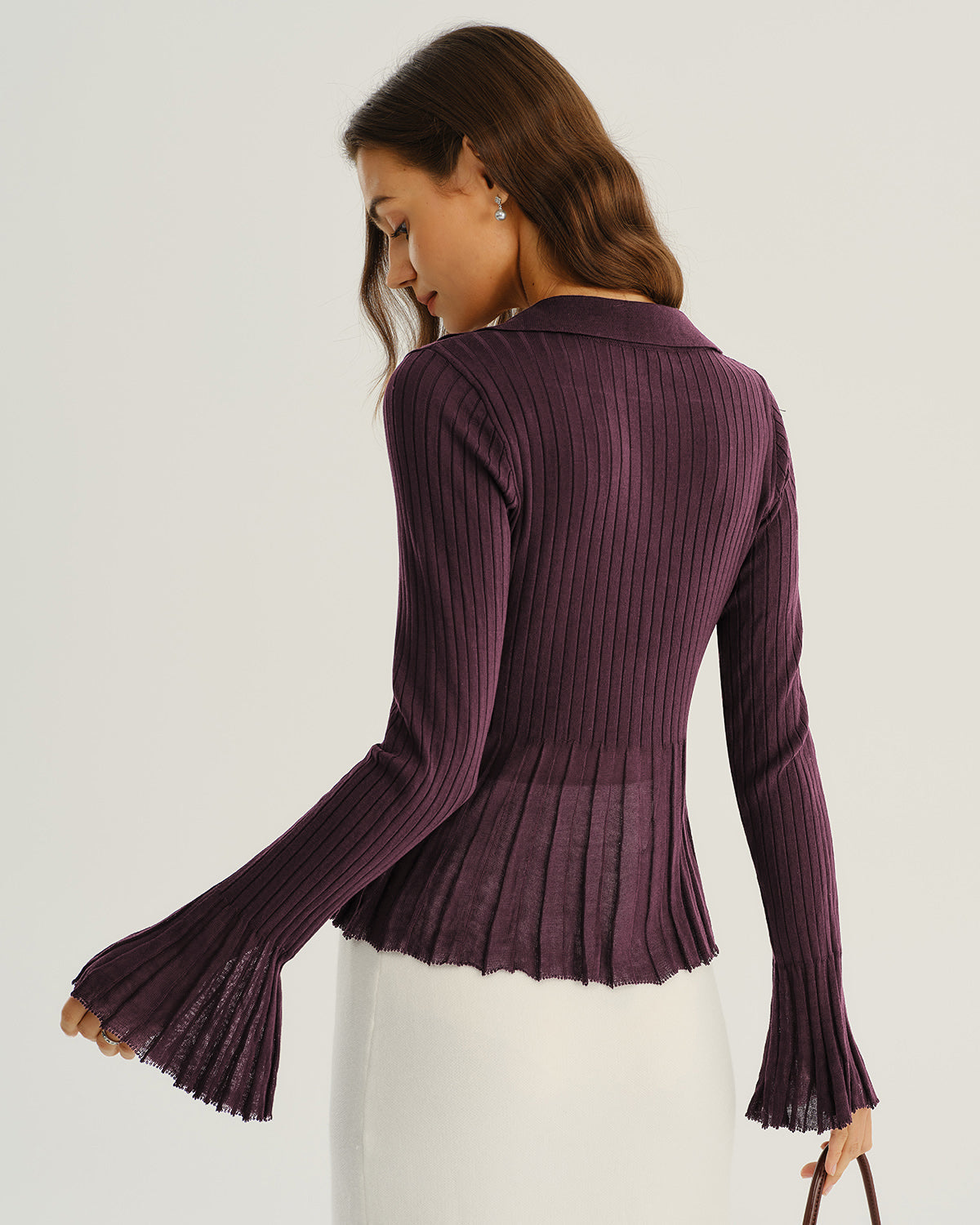 Purple ribbed knit button-front cardigan - view 4
