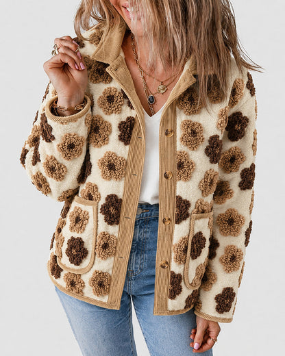 Light yellow sherpa fleece coat with corduroy trim - view 3