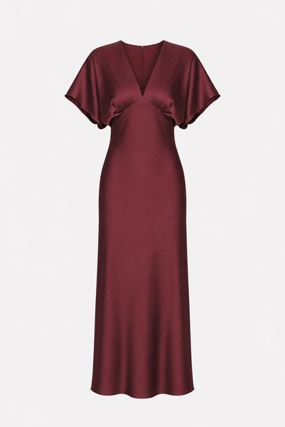 Wine red satin cowl neck midi dress