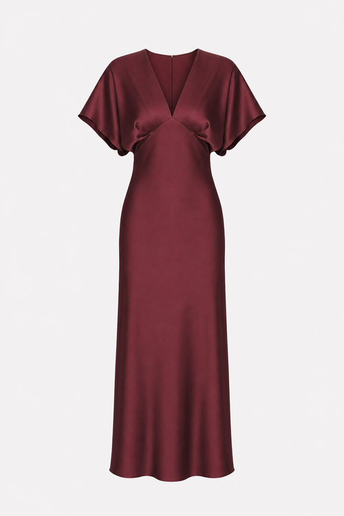 Wine red satin cowl neck midi dress