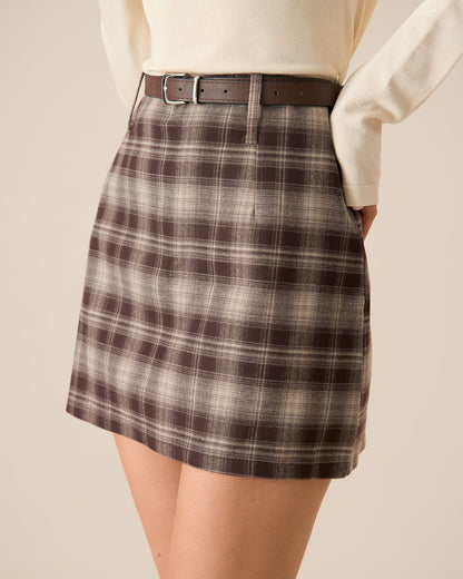 Coffee Plaid Straight Mini Skirt - view 5