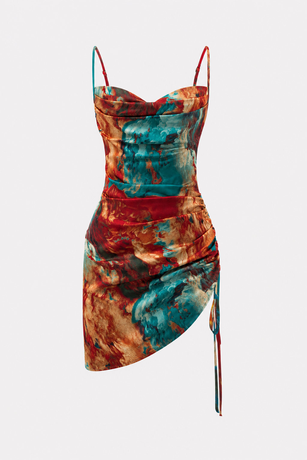 Satin slip mini dress with ruched drawstring waist - view 6