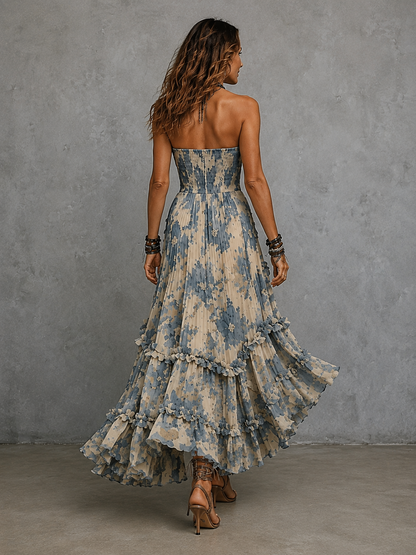 Blue Floral Applique Strapless Maxi Dress - view 4