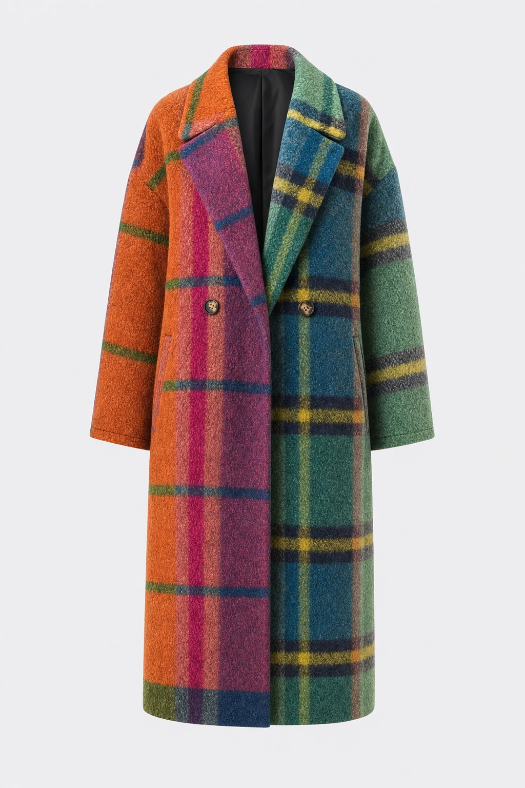 Woolen Coat With Plaid Contrast Lapel - 1