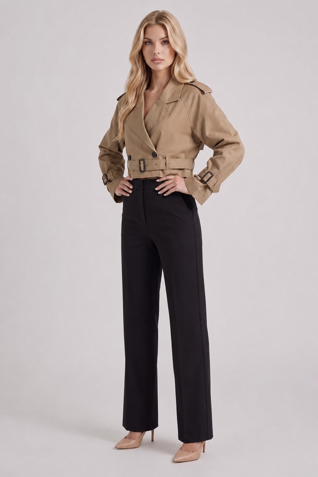 Cropped Utility Trench Coat with Waist Belt - 6