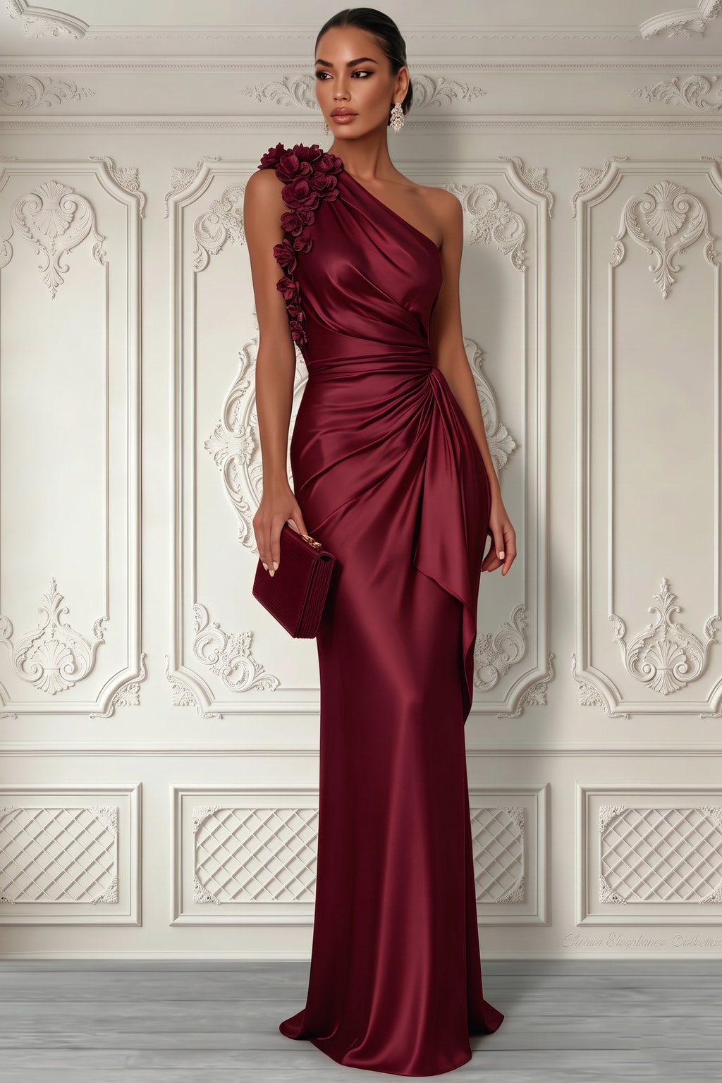 Satin Sheath Gown With Ruched One-Shoulder Bodice - 6
