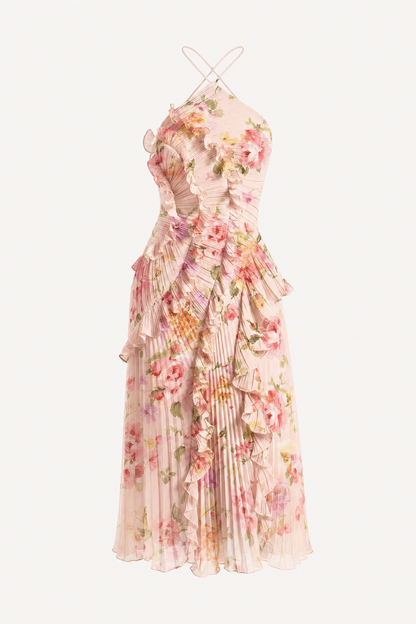 Pleated Halter Maxi Dress With Ruffle Trim