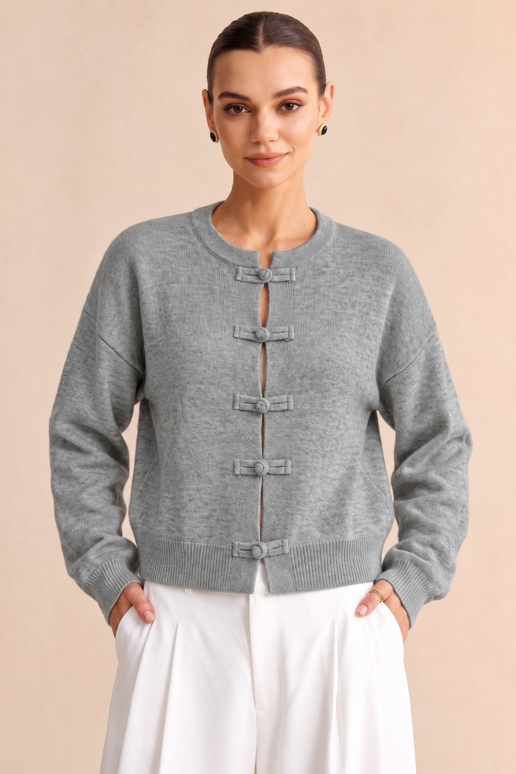 Beige Knit Round-Neck Frogging Cardigan - 7