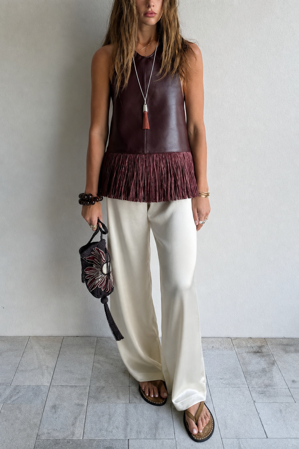 Edgy Faux Leather Halter Neck Tassel Top - 5