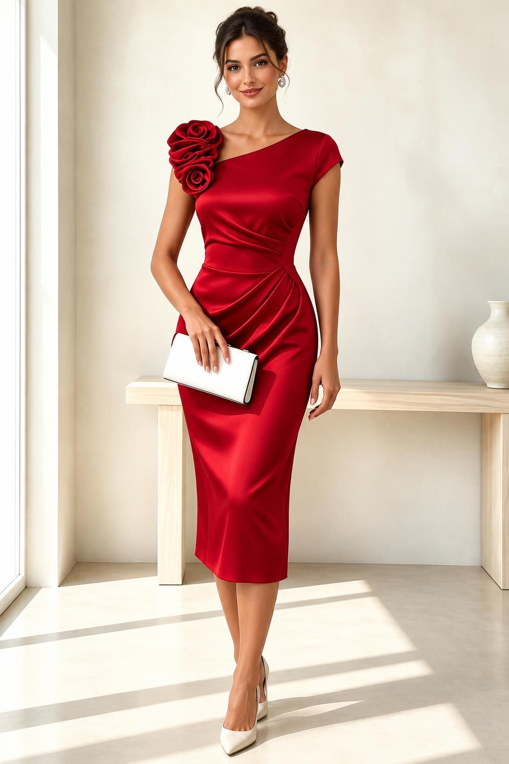 Polyester Midi Dress With Floral Embellished Pleated Waist - 5