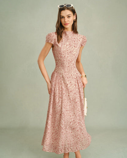Pink Floral Mock Neck Maxi Dress, Cap Sleeves - view 5