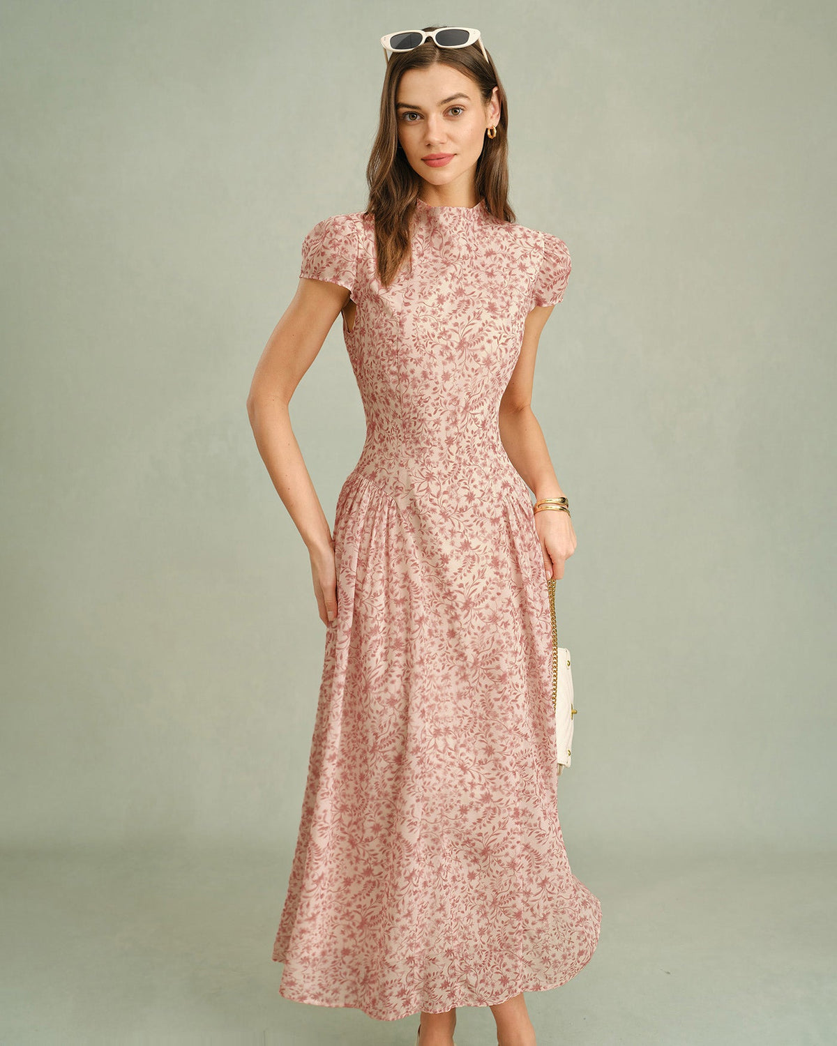 Floral Mock Neck Maxi Dress With Ruched Cap Sleeves - 5