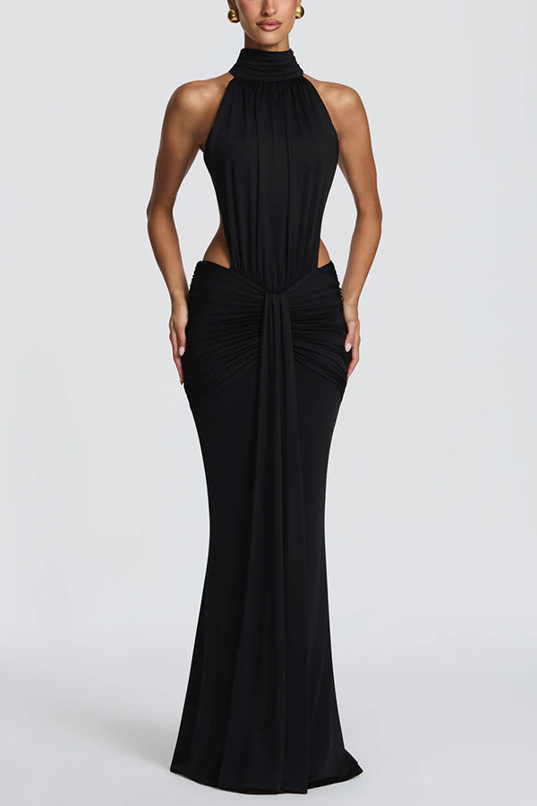 Stretch jersey maxi dress with high neck and open back - view 3