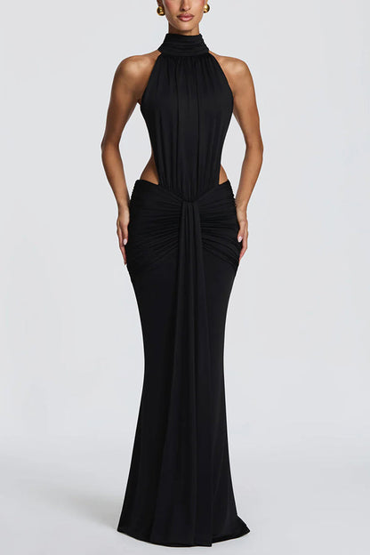 Stretch jersey maxi dress with high neck and open back - view 3