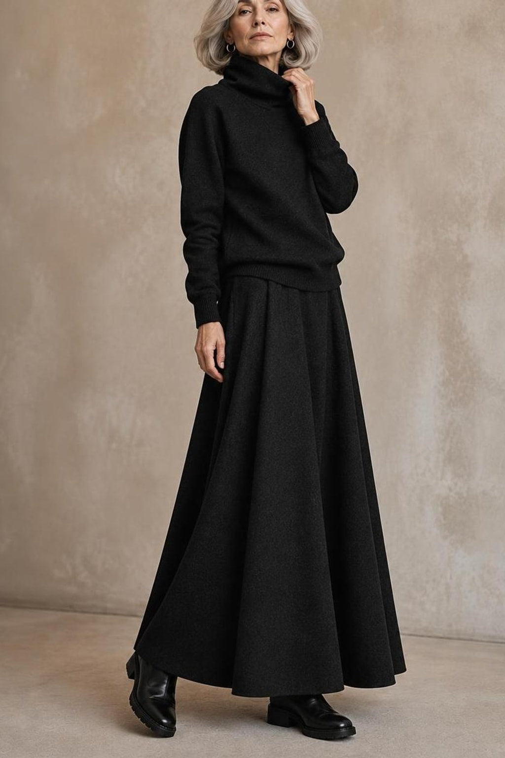 Fleece Knit Turtleneck Sweater And Maxi Skirt Set - 5