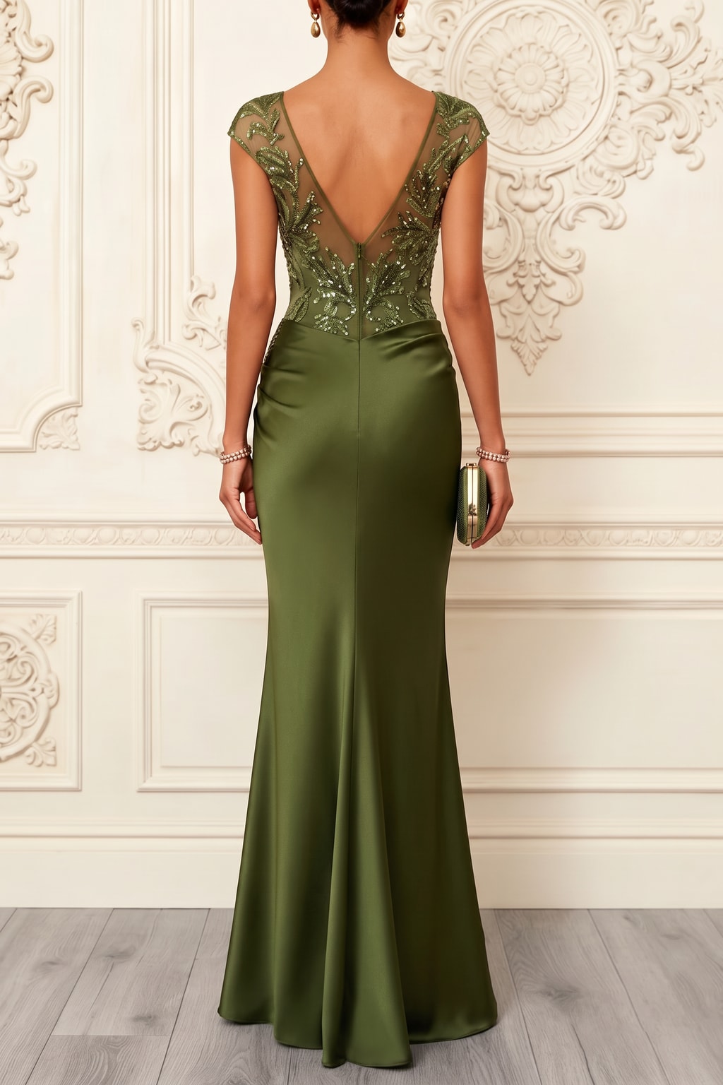 Sequin Satin Maxi Dress with Boat Neck and Ruched Fit - 5