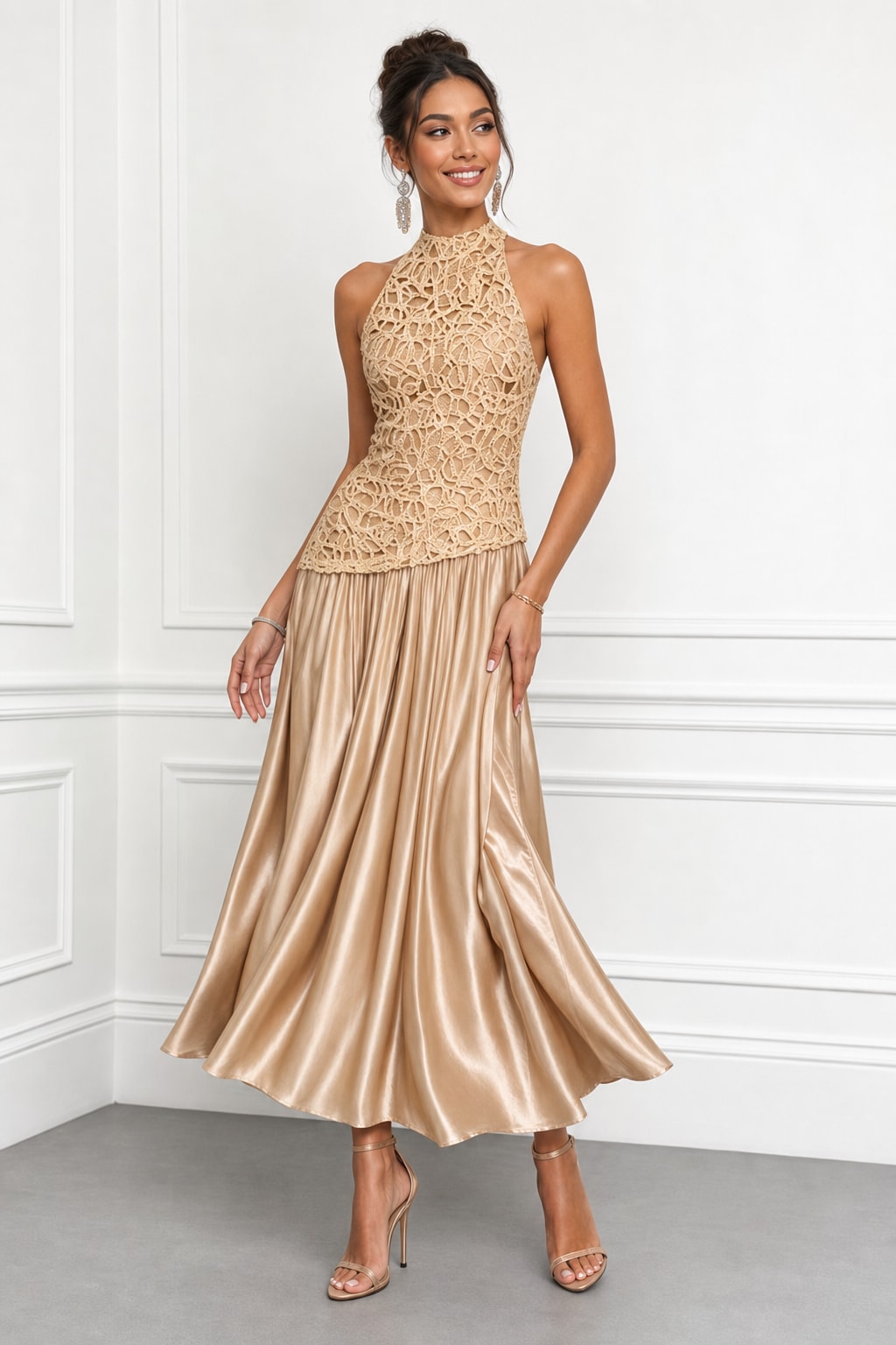 Lace Satin Halter A-Line Maxi Dress - 2
