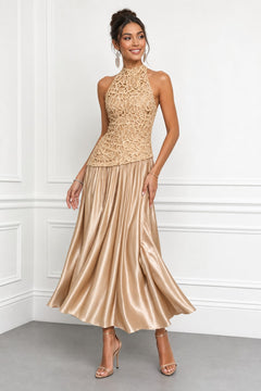 Lace Satin Halter A-Line Maxi Dress - 2