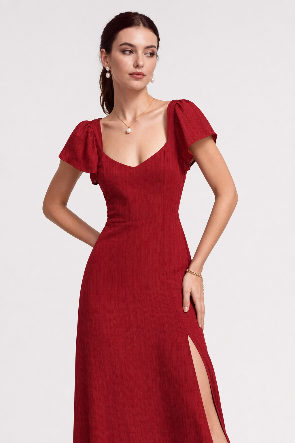 Red sweetheart neck jacquard maxi dress with side slit - view 2
