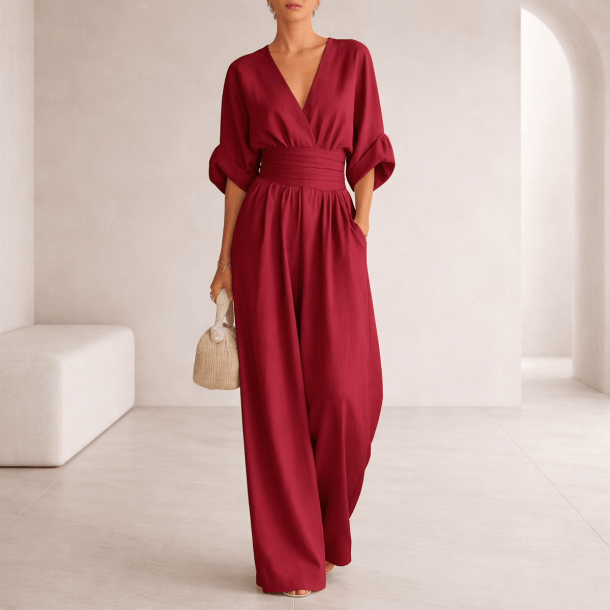 Wide leg V-neck jumpsuit with draped waist - view 5