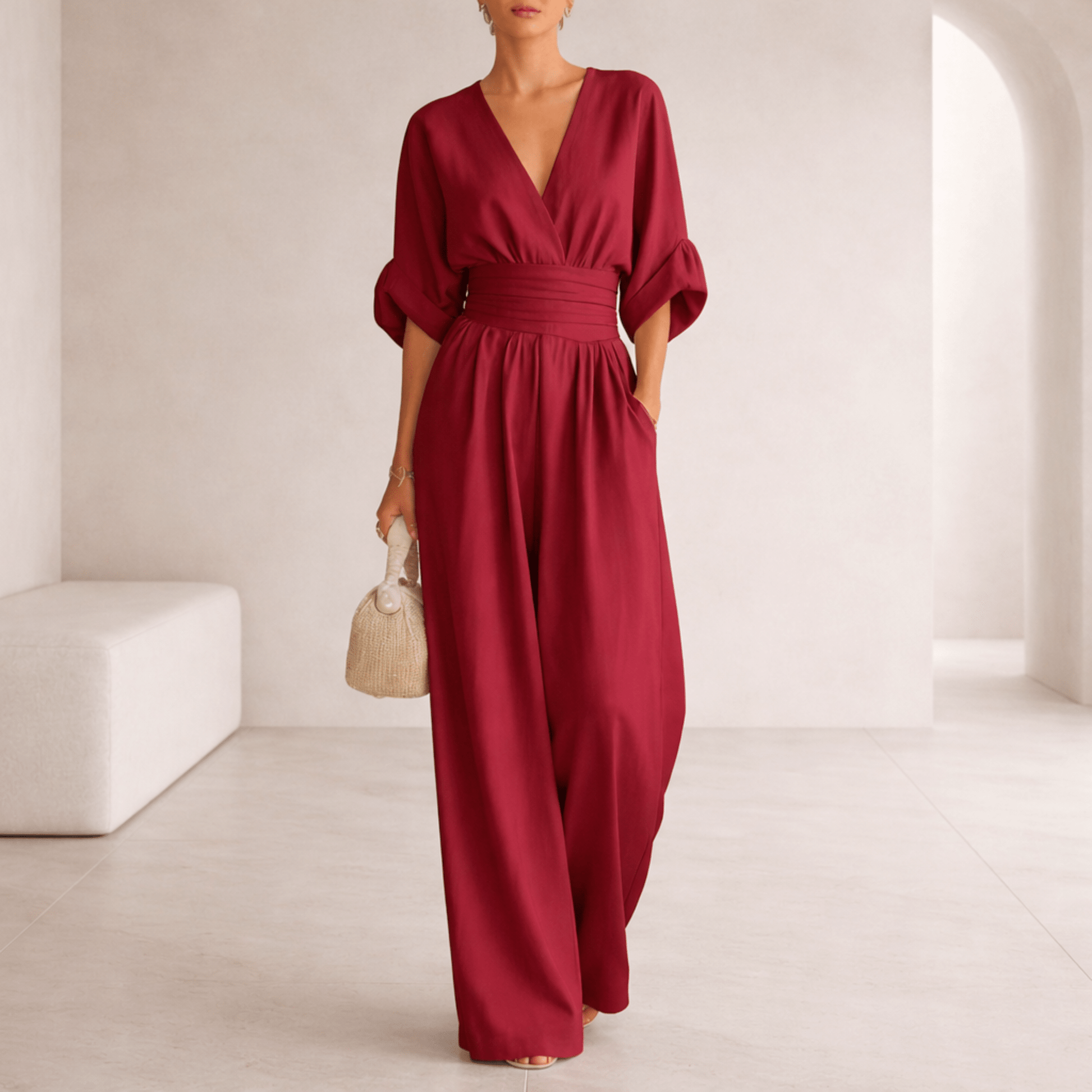 Wide leg V-neck jumpsuit with draped waist - view 5