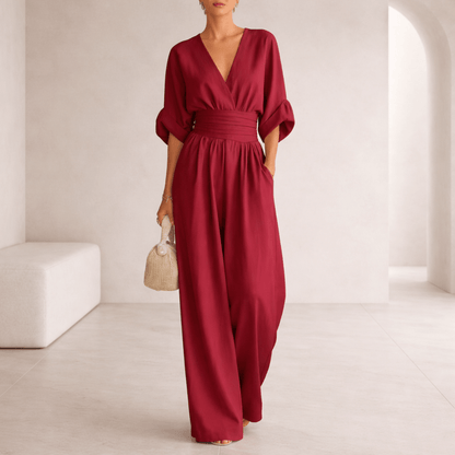 Wide leg V-neck jumpsuit with draped waist - view 5