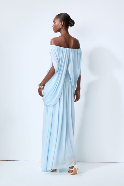 Blue off-shoulder ruched maxi dress with waterfall drape - view 4