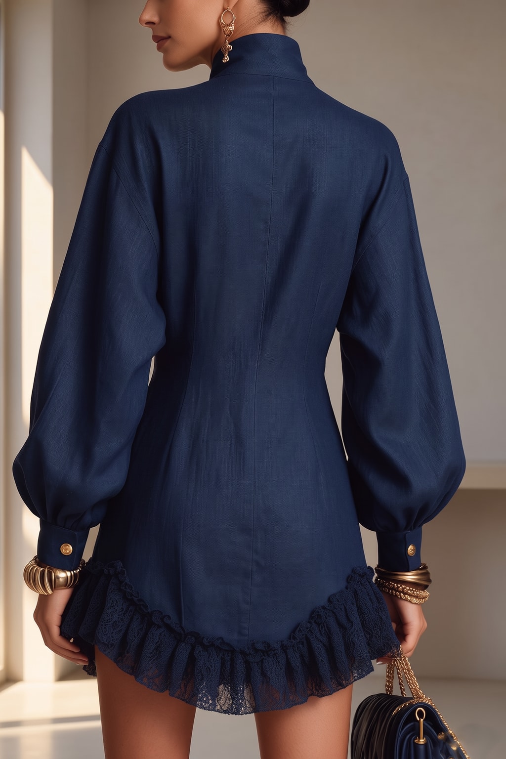 Polyester Mini Dress With Lantern Sleeves - 5