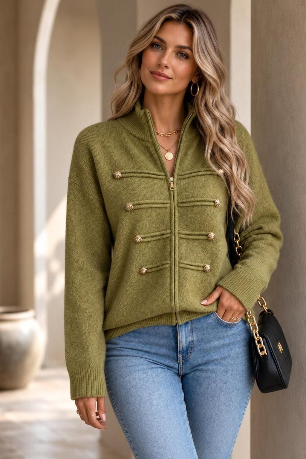 Knit Zip-Front Military-Style Cardigan - 3