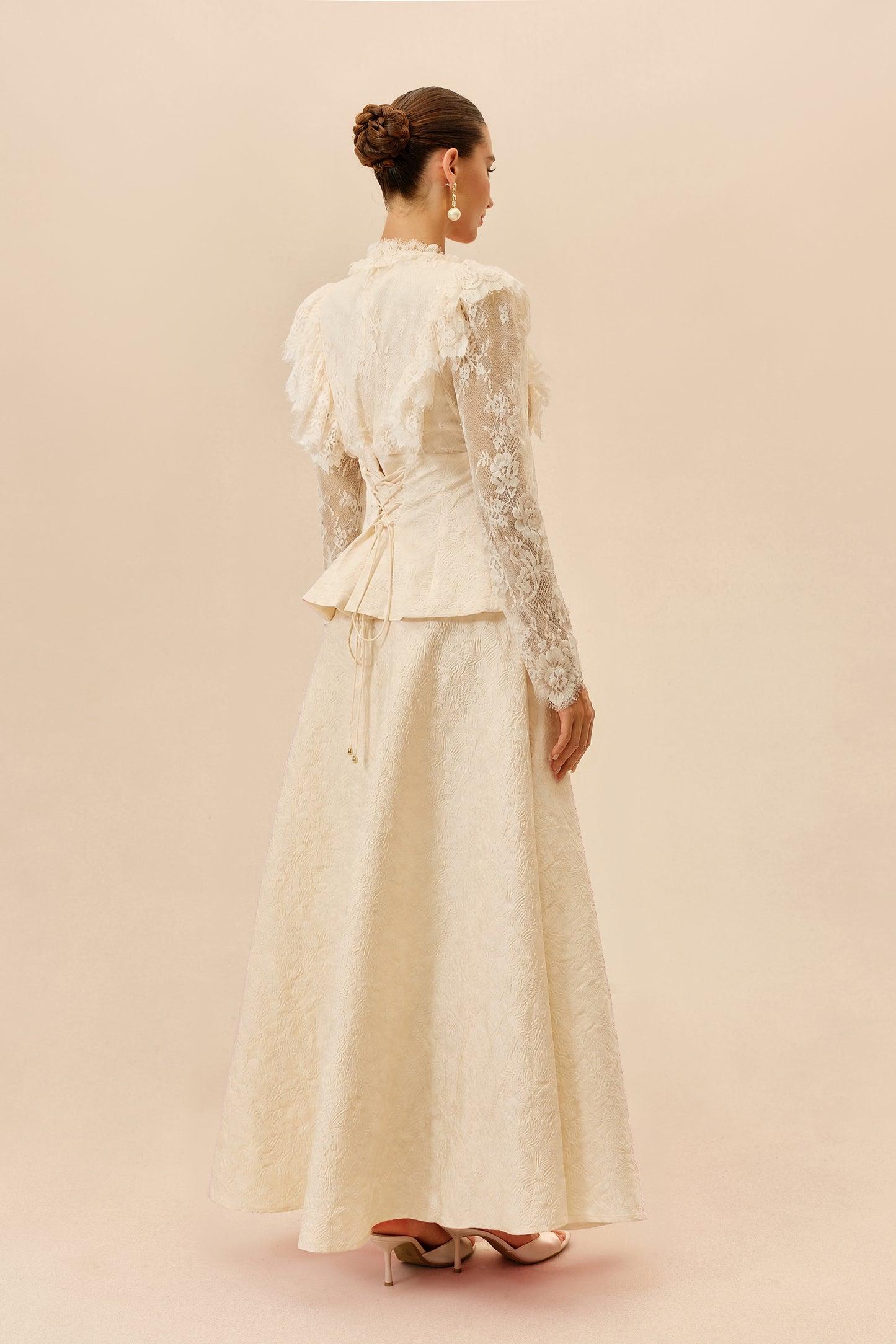 Beige beaded embroidery jacket and skirt set - view 4