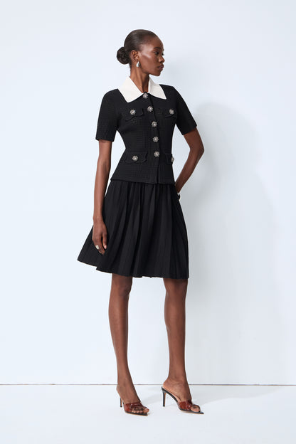 Contrast Collar Knit Top and Pleated Skirt Set - view 2