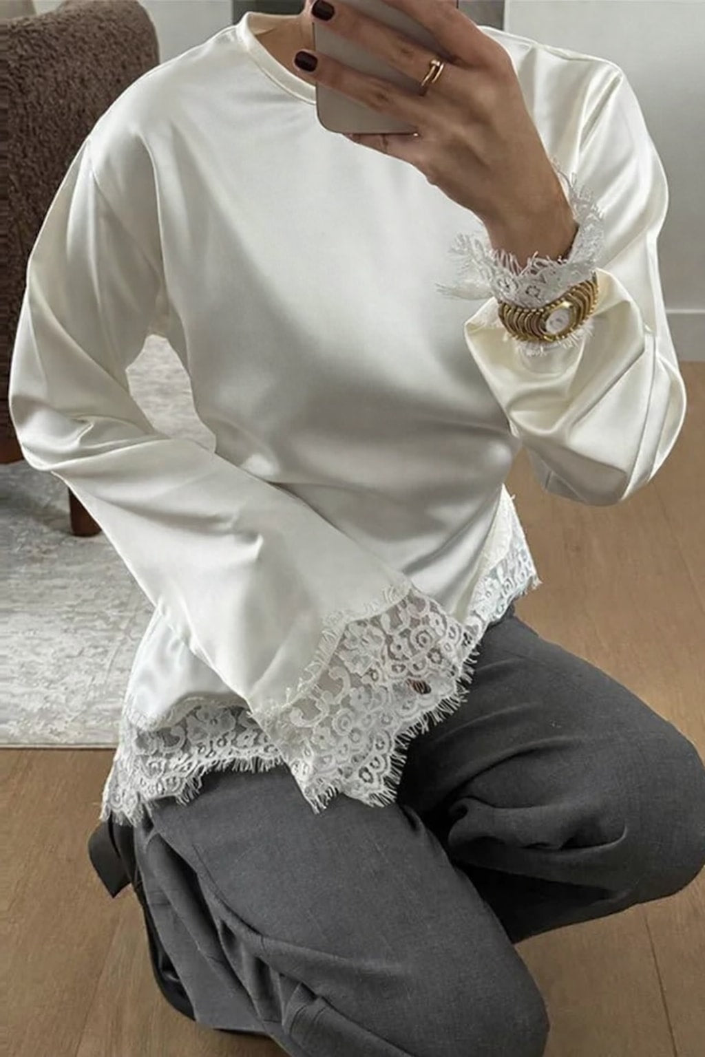 Satin Lace Top With Dramatic Flare Sleeves - 6