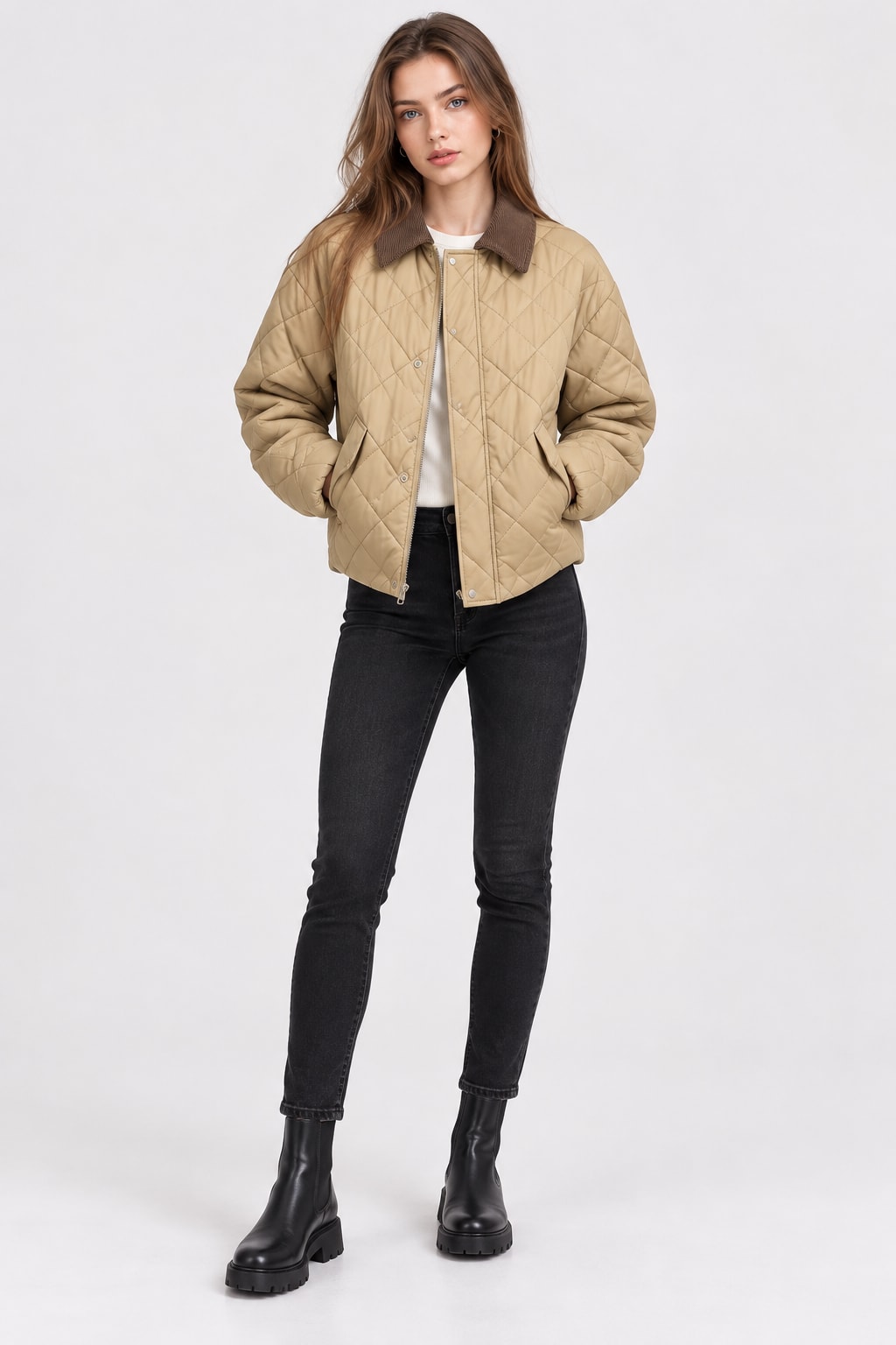 Quilted Jacket Lapel Cropped Winter Coat - 3