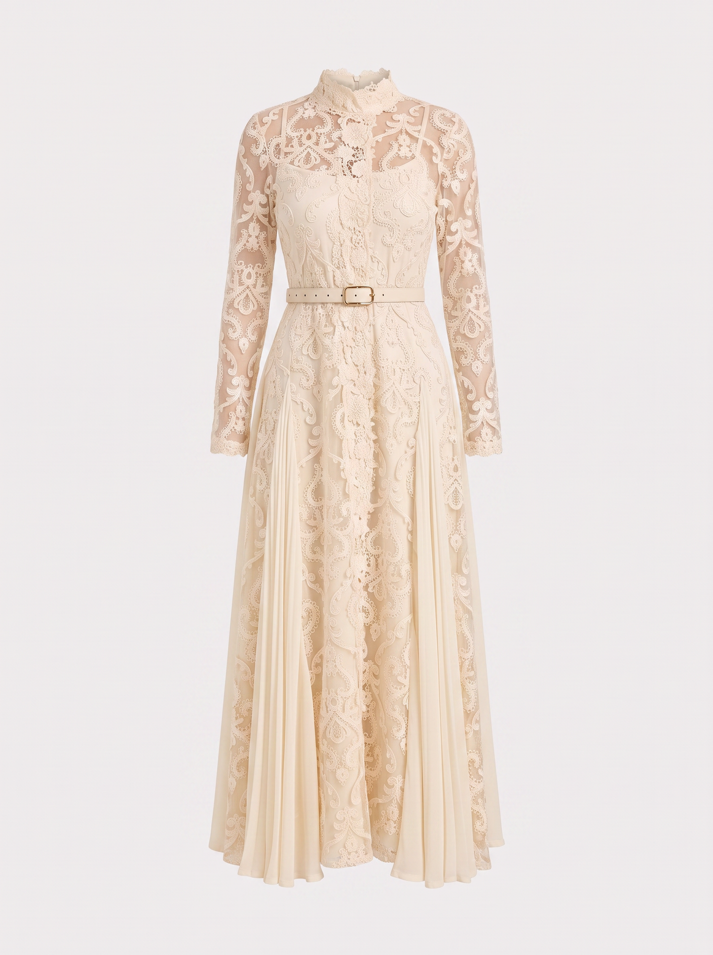High Neck Lace Overlay Maxi Dress in Beige