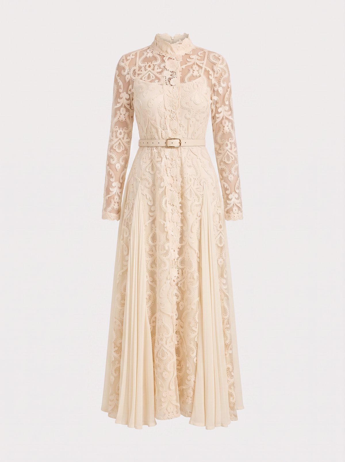 High Neck Lace Overlay Maxi Dress in Beige