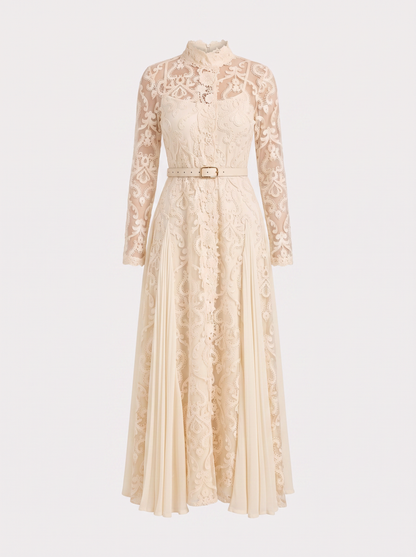 High Neck Lace Overlay Maxi Dress in Beige